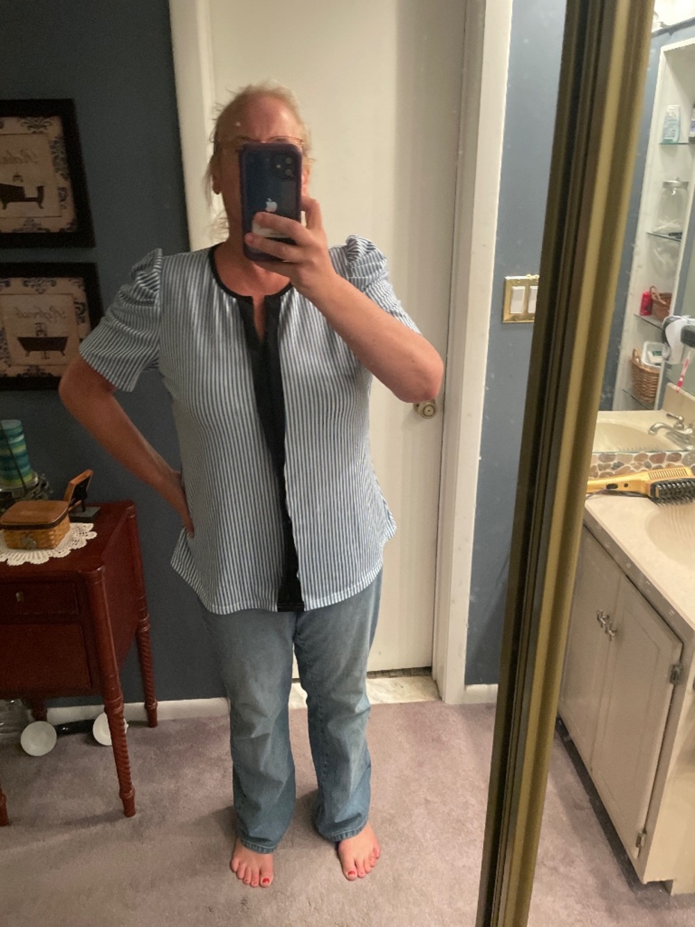 Striped V-Neck Short Sleeve Top in Blue and White with Black Trim